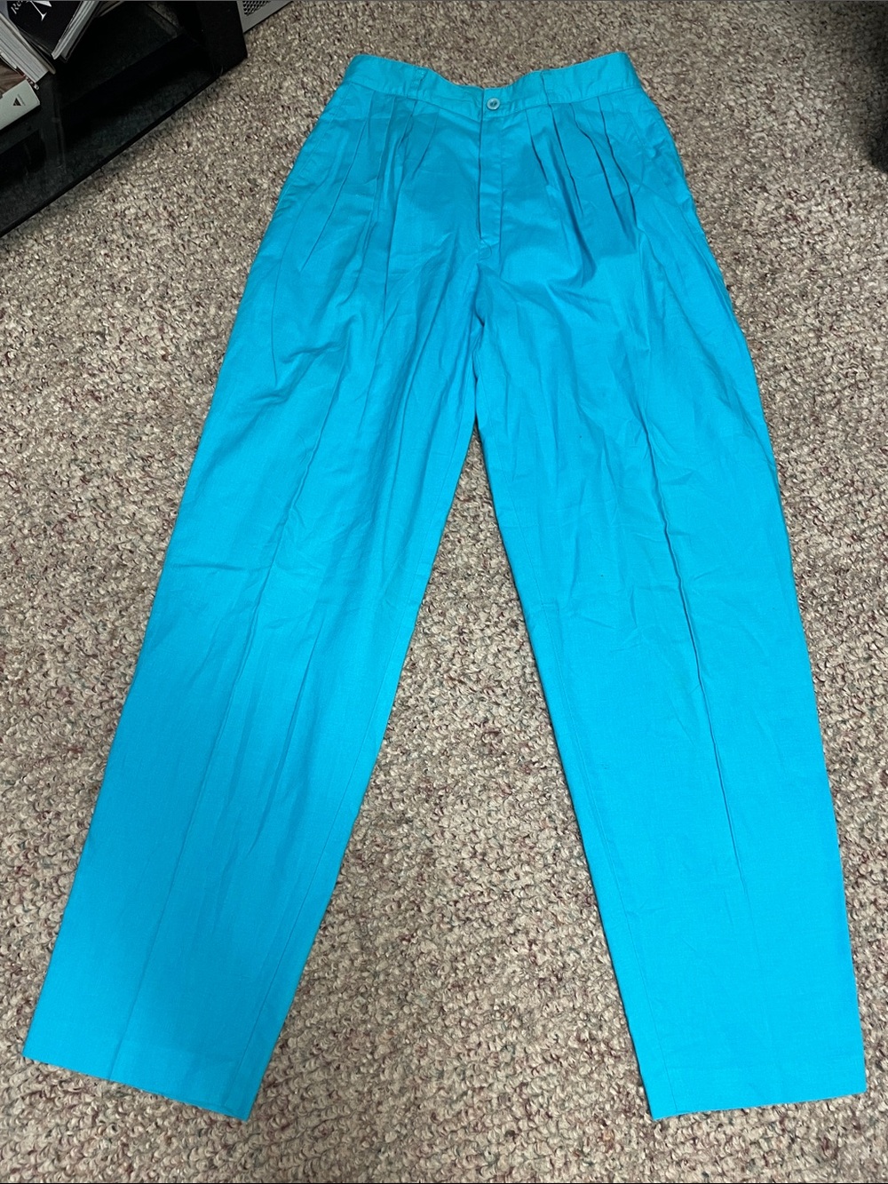 Vintage 80s Bright Turquoise ultra high rise Pleated wide leg Dress Pants